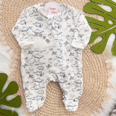 Macacão Malha Trape Zape - Dinos com Abertura em Zíper - Off White com Marinho e Areia